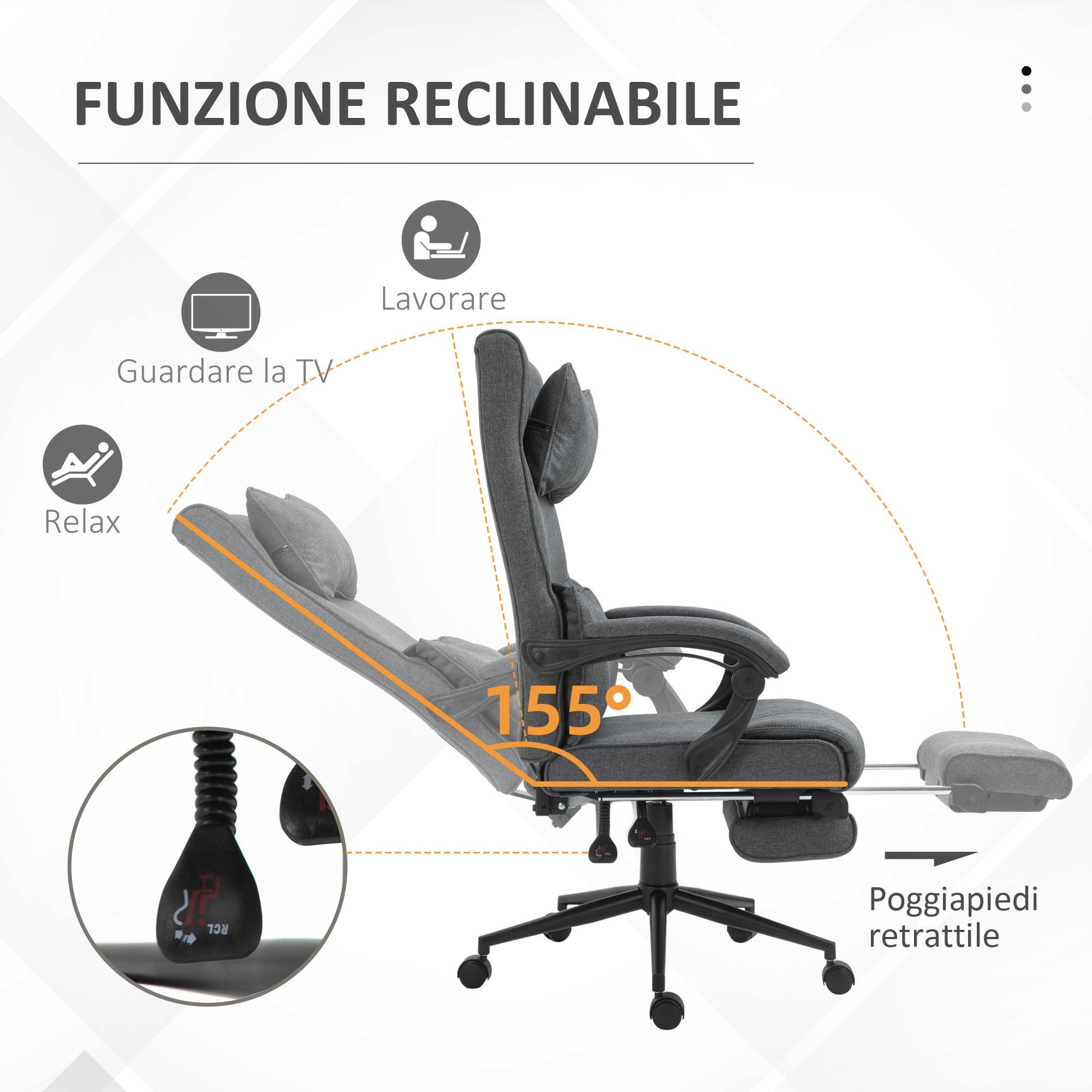 Sedia Poltrona Presidenziale da Ufficio 66x70x115-123 cm con Poggiapiedi in Tessuto Effetto Lino Grigia