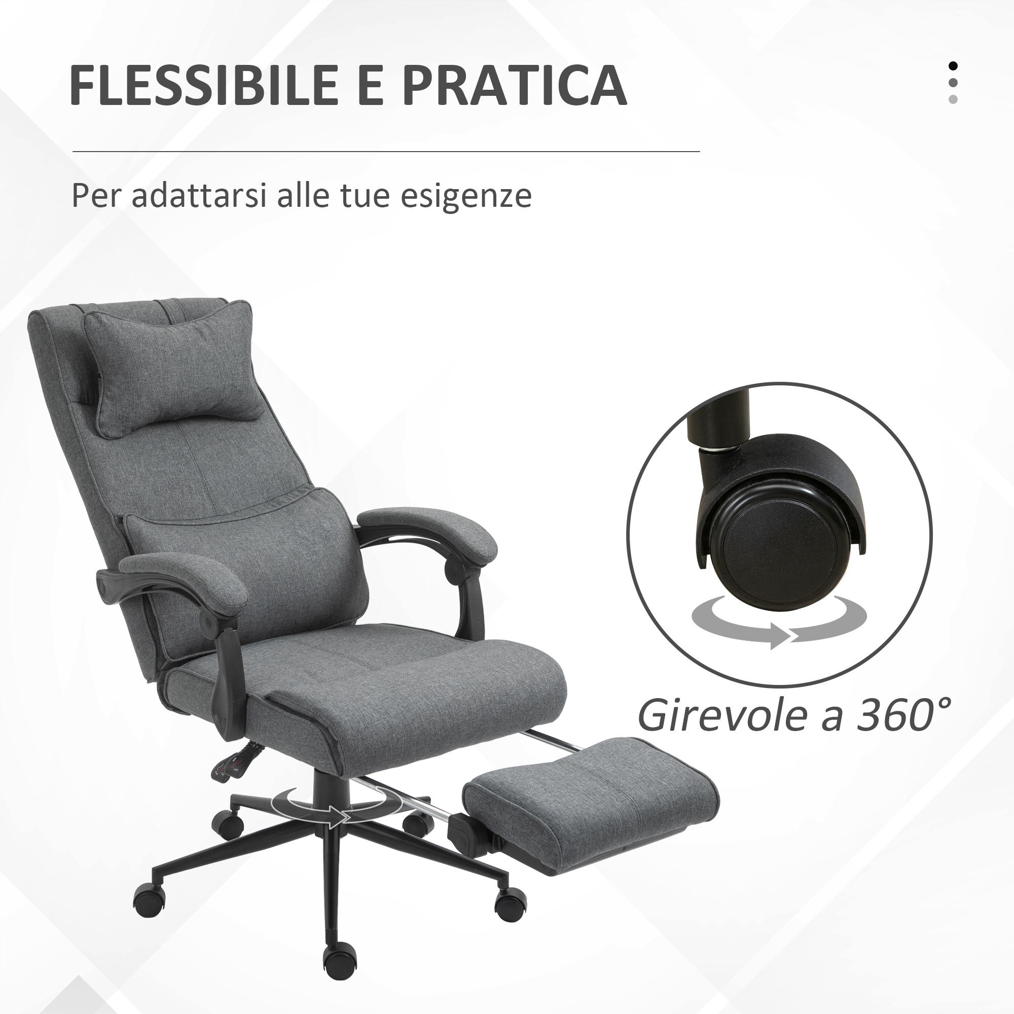 Sedia Poltrona Presidenziale da Ufficio 66x70x115-123 cm con Poggiapiedi in Tessuto Effetto Lino Grigia