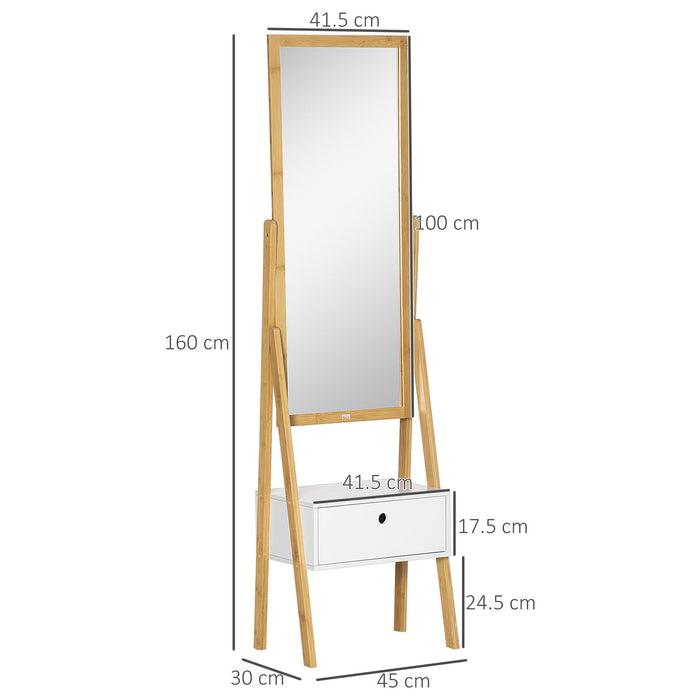 Specchio da Terra 45x30x160 cm con Cassetto in MDF e Bambù Bianco e Color Legno