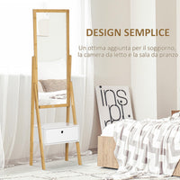 Specchio da Terra 45x30x160 cm con Cassetto in MDF e Bambù Bianco e Color Legno