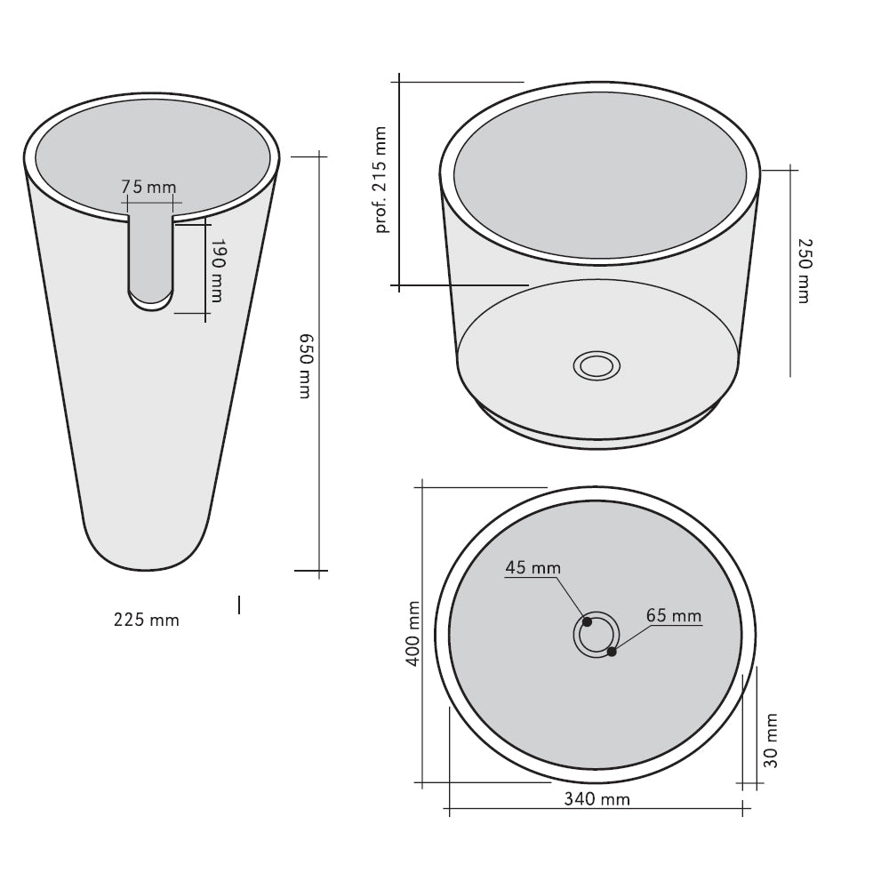 Lavabo freestanding in Marmo Conico Nero tondo alto 90 cm diametro 40 cm