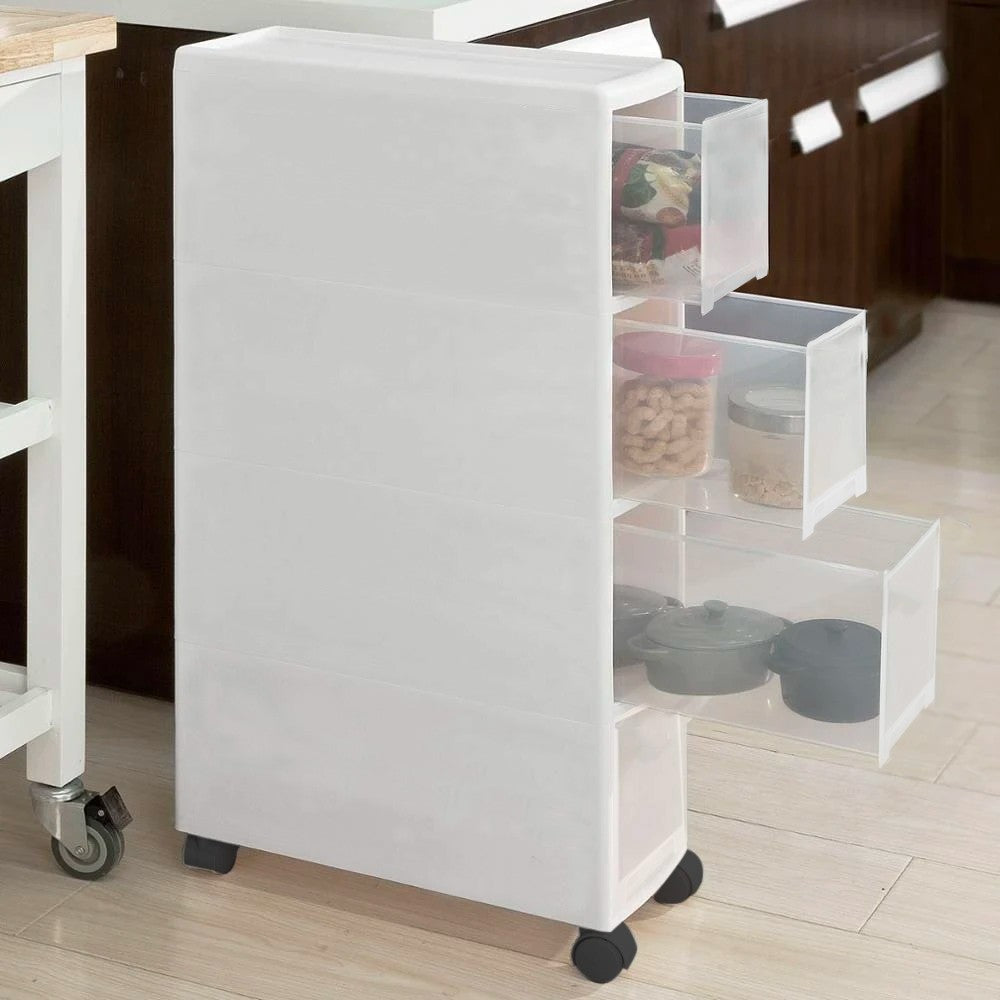 Carrello Stretto Multiuso 4 Cassetti Salvaspazio con Ruote in Plastica Bianco