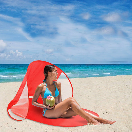 Stuoia da Spiaggia 139x66x58 cm Struttura Pop Up con Parasole Tessuto Impermeabile Rosso