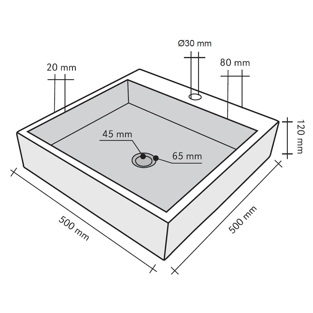 Lavabo da Appoggio in marmo Basalto Nero di forma quadrata 50X50 cm Altezza 12 cm con foro rubinetto