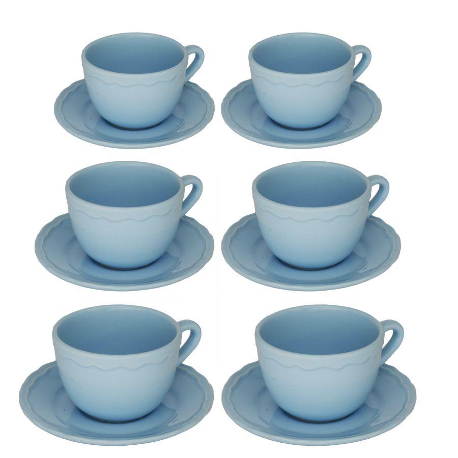 Set 6 Tazze da The con Piattino Ø9,5xh7 cm in Gres Porcellanato Juliet Azzurro Pastello