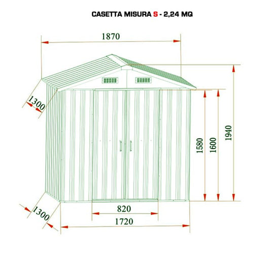 Casetta Giardino Lamiera Zincata Box Deposito Attrezzi Esterno Baracca Rimessa Misura: S: 187 L x 131 P x 194 A