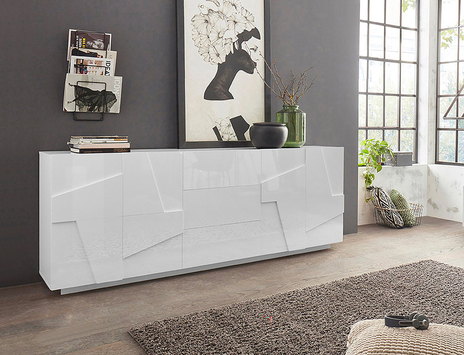 Credenza 4 Ante + 3 Cassetti 224,1x44,2x86 cm Ping Bianco Lucido