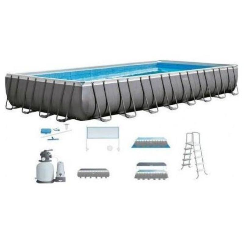 Intex 26378np piscina fuori terra ultra xtr frame rettangolare pompa filtro 10000 l-h scaletta telo base e copertura kit pulizia deluxe e set volley 54368l acciaio e pvc grigio 975x488x132cm