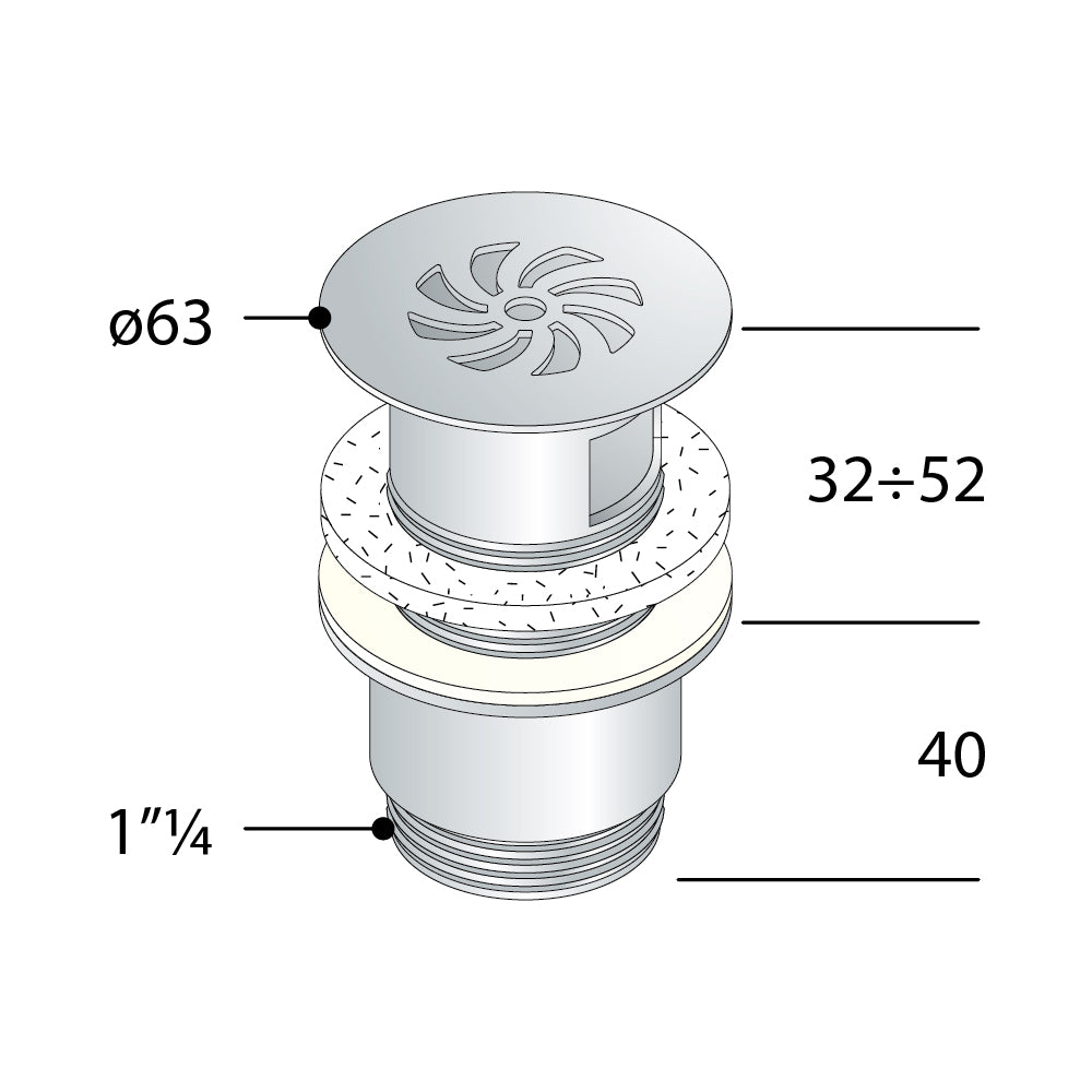 Piletta a scarico libero in ottone cromato per lavabo e bidet con troppo pieno