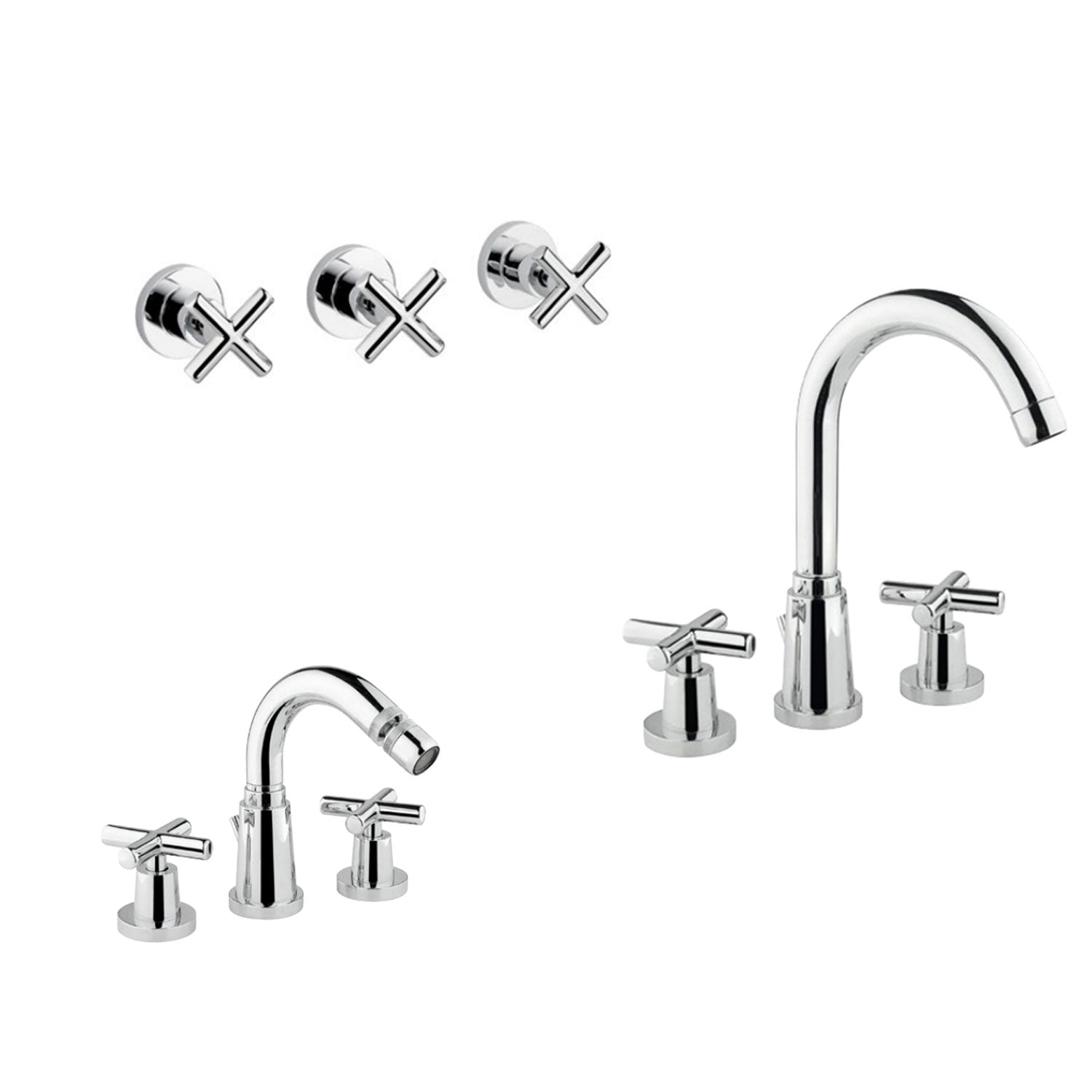 Kit miscelatori lavabo+bidet+doccia con deviatore a 2 uscite in ottone cromato collezione Sirio Keller Taps