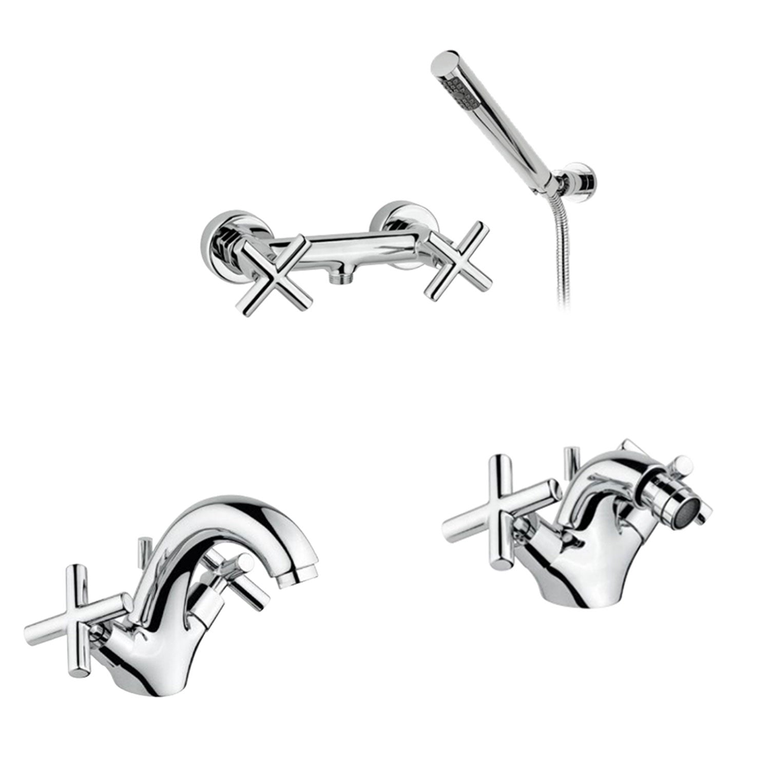 Kit miscelatori lavabo+bidet+doccia in ottone cromato collezione Sirio Keller Taps - fornito con doccino