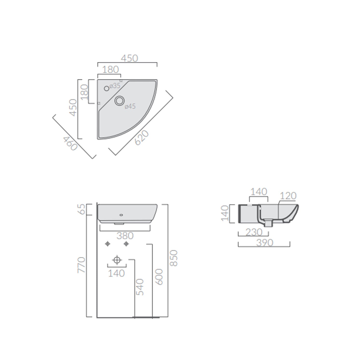 Lavabo angolare in ceramica serie M2 di Ceramica Galassia -  Bianco lucido 45cm