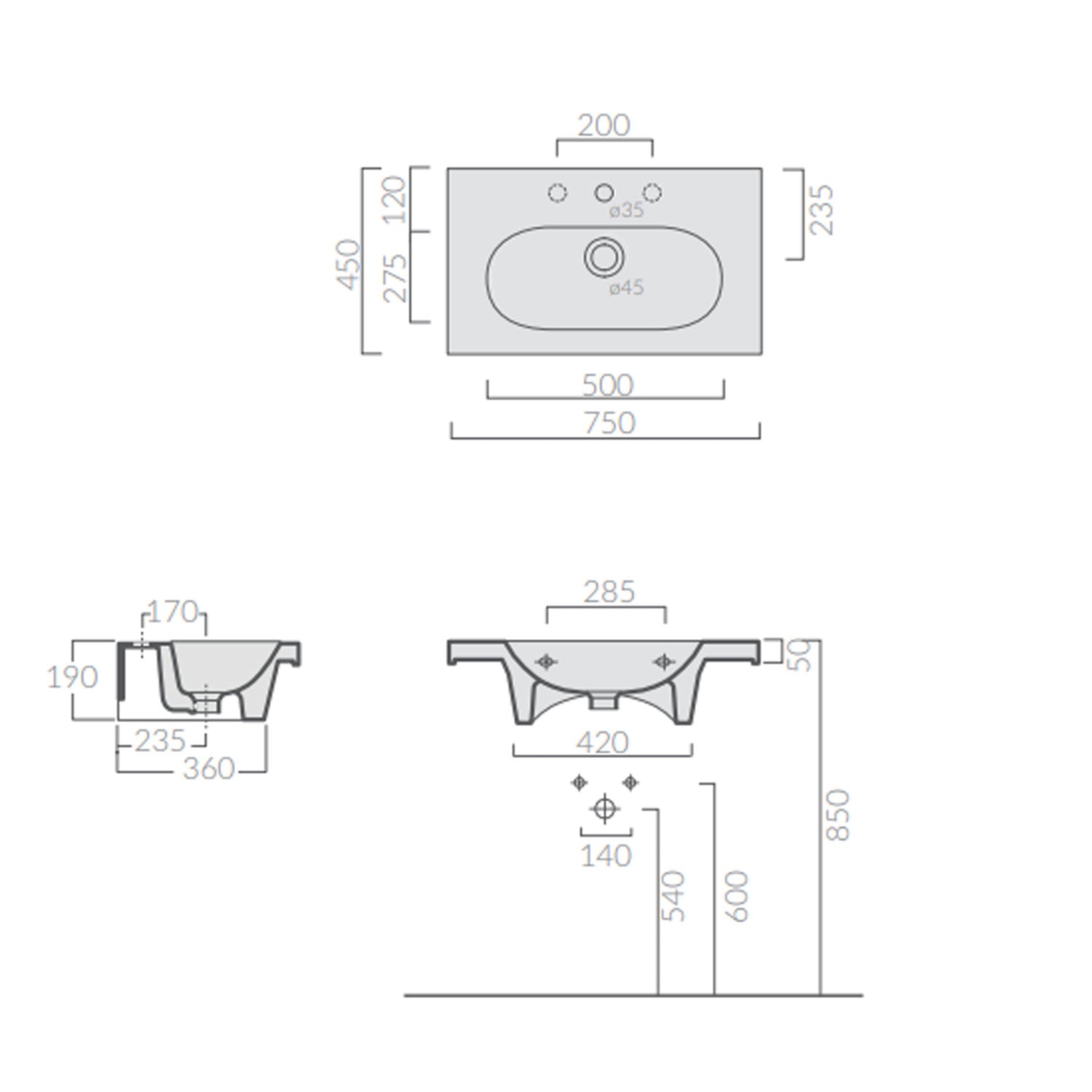 Lavabo sospeso in ceramica serie M2/Eden di Ceramica Galassia -  Bianco lucido 75x45cm