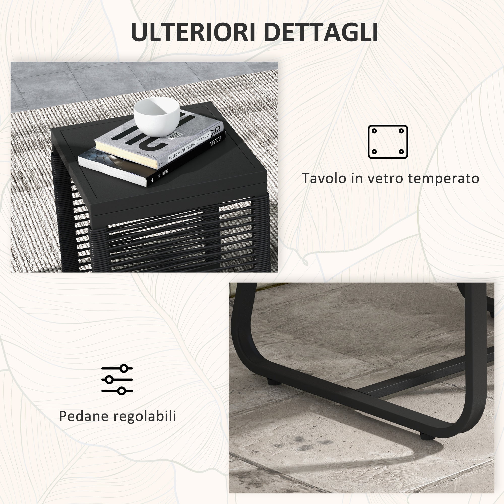 Set Tavolino e 2 Poltroncine con Cuscini da Giardino in Rattan PE Acciaio e Poliestere Nero