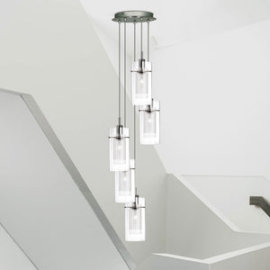 Lampadario Contemporaneo Duo 1 Acciaio Argento Vetro Cromo 5 Luci E14