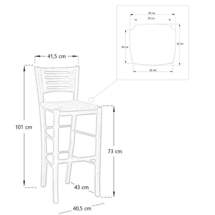 Sgabello verona in legno noce scuro h 73 con seduta paglia
