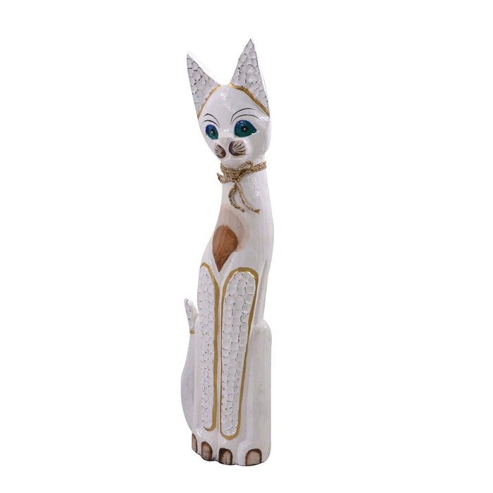 Statuina Gatto in legno bianco beige cm 13x5xh60