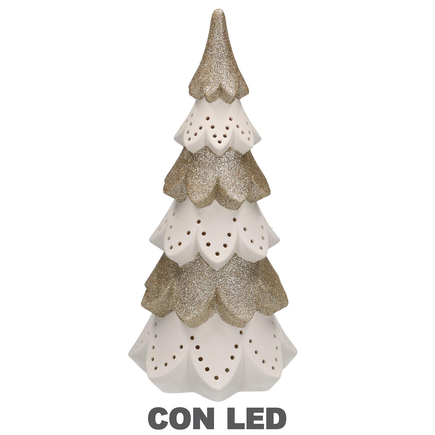 Albero di Natale in ceramica bianco oro con Led cm Ø14xh29