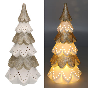 Albero di Natale in ceramica bianco oro con Led cm Ø14xh29