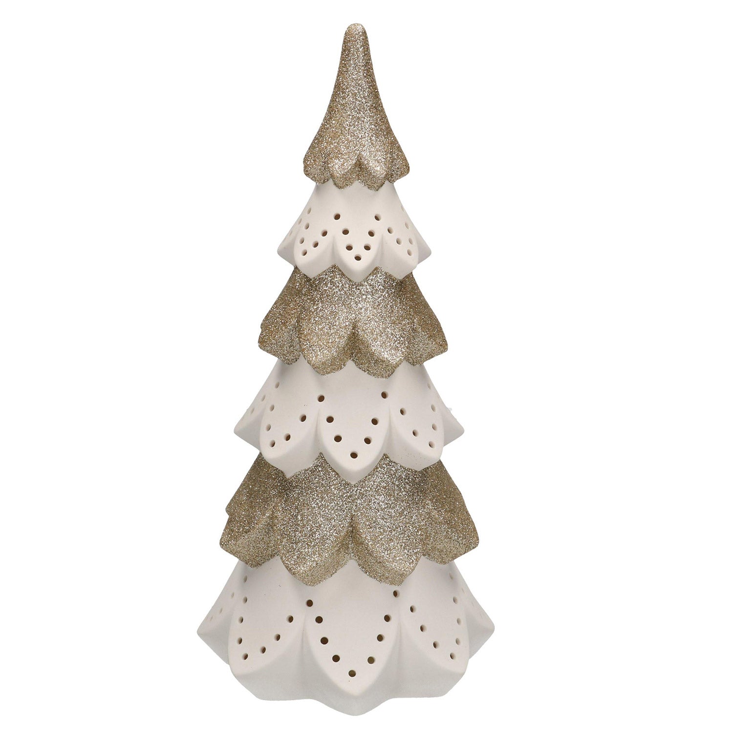 Albero di Natale in ceramica bianco oro con Led cm Ø14xh29