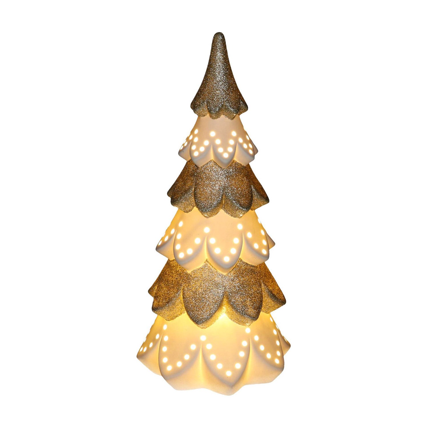 Albero di Natale in ceramica bianco oro con Led cm Ø14xh29