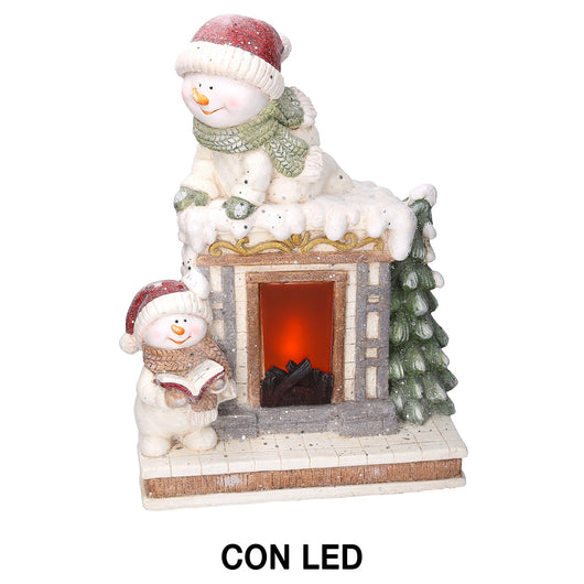 Camino in Resina con Led e pupazzo di neve bianco cm 41x22,5xh52