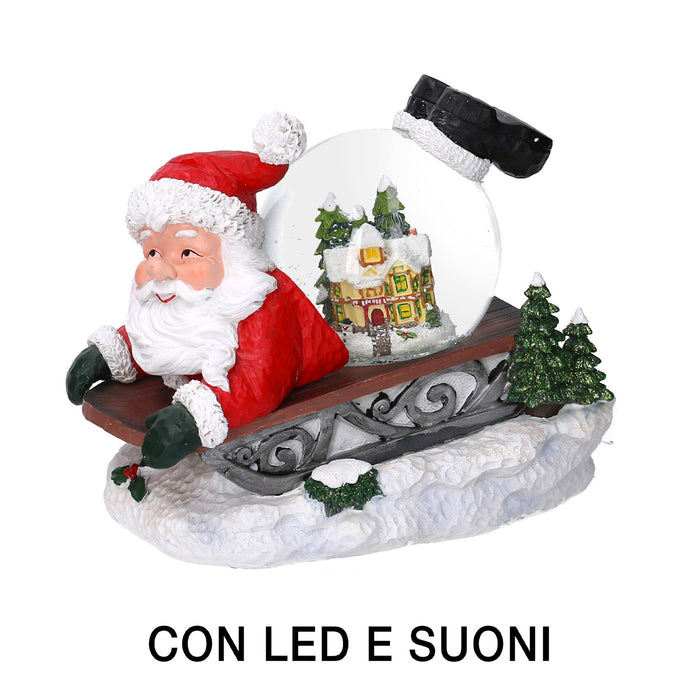 Palla di vetro con Led in Resina babbo natale slitta con musica cm 19,5x12,5xh18