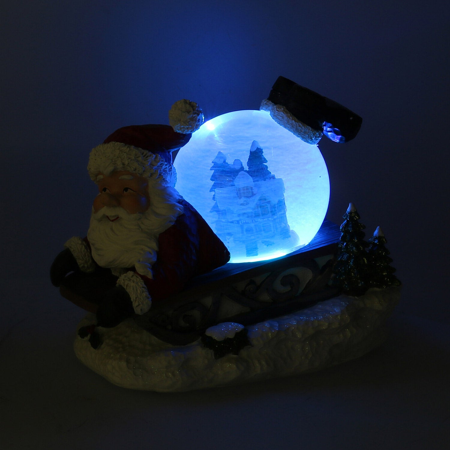 Palla di vetro con Led in Resina babbo natale slitta con musica cm 19,5x12,5xh18