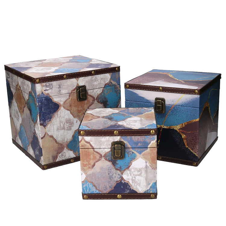 Set 3 Scatole in Similpelle blu marocco quadro