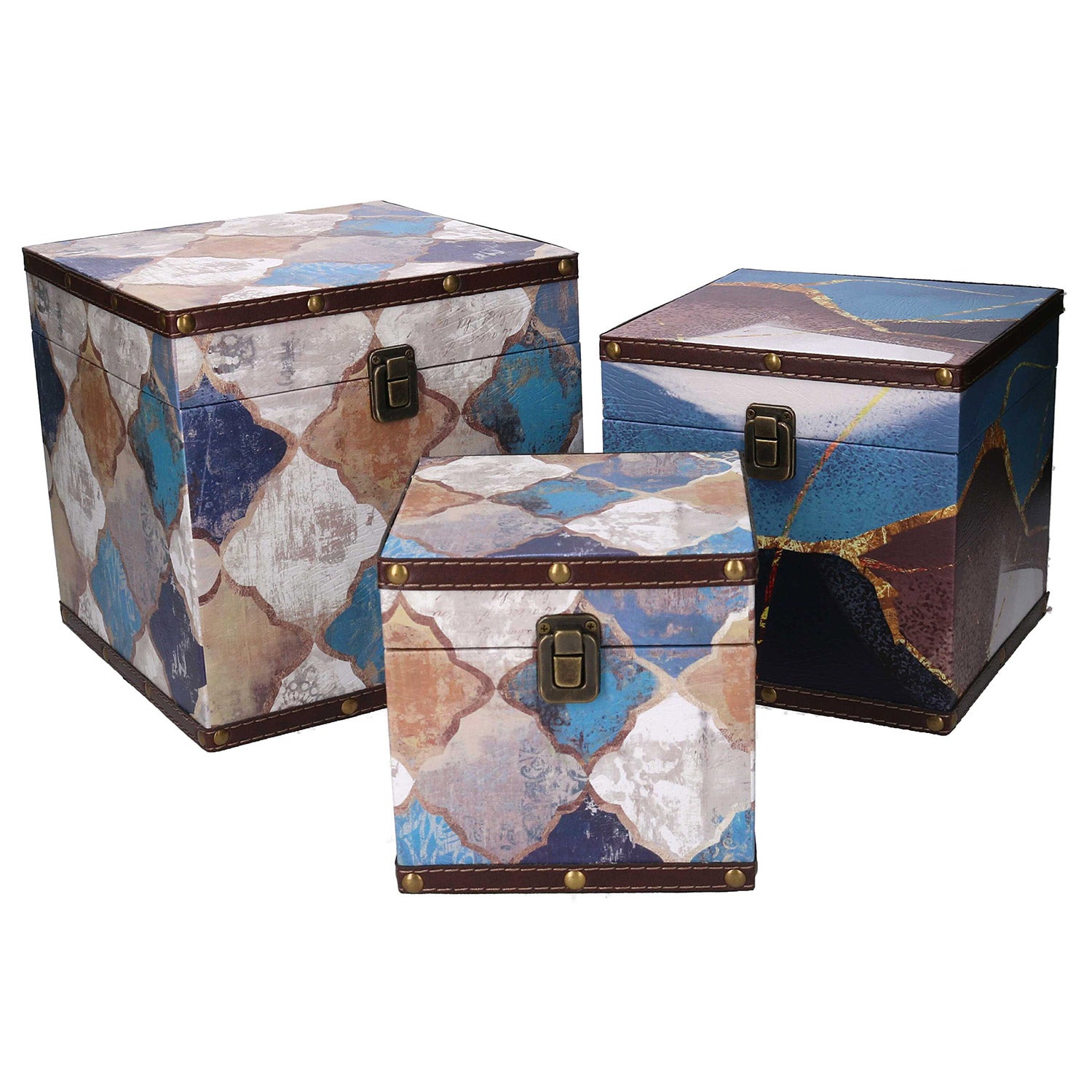 Set 3 Scatole in Similpelle blu marocco quadro