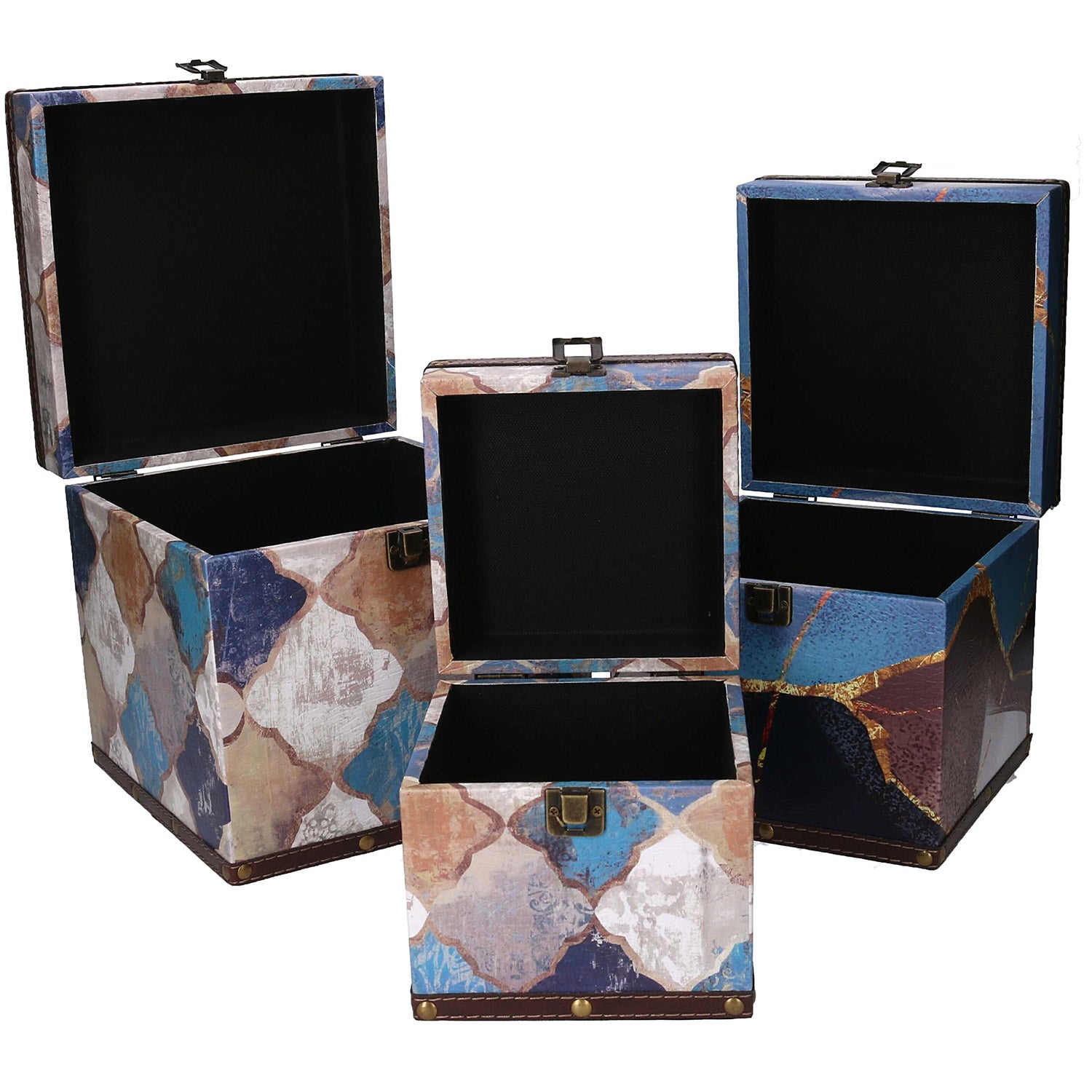 Set 3 Scatole in Similpelle blu marocco quadro