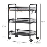 Carrello da Cucina a 3 Ripiani 41,5x26,5x63 cm in Acciaio e Polipropilene Nero