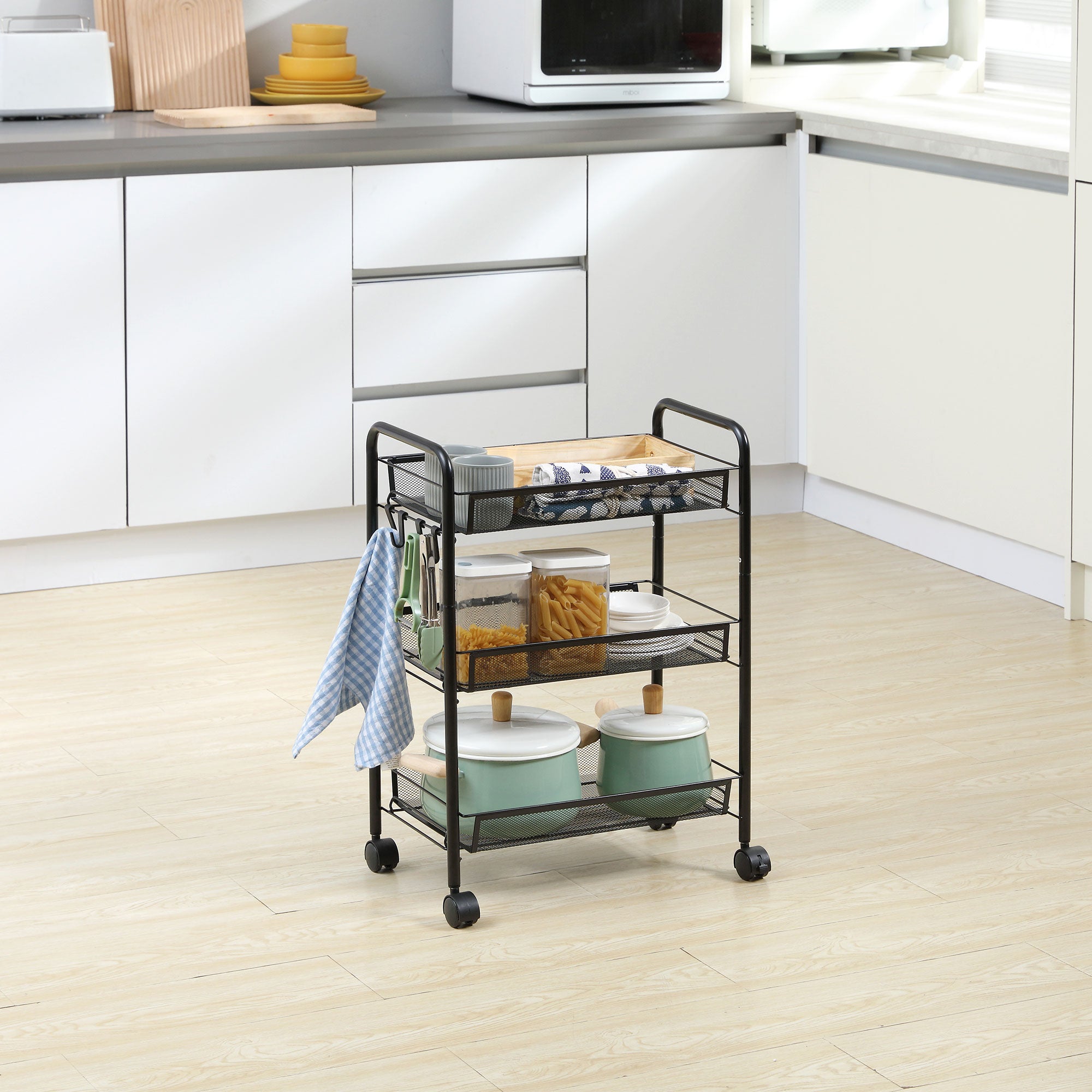 Carrello da Cucina a 3 Ripiani 41,5x26,5x63 cm in Acciaio e Polipropilene Nero