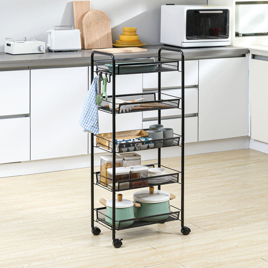 Carrello da Cucina Salvaspazio a 5 Livelli con Cestini a Rete 45x26,5x106 cm in Acciaio Nero