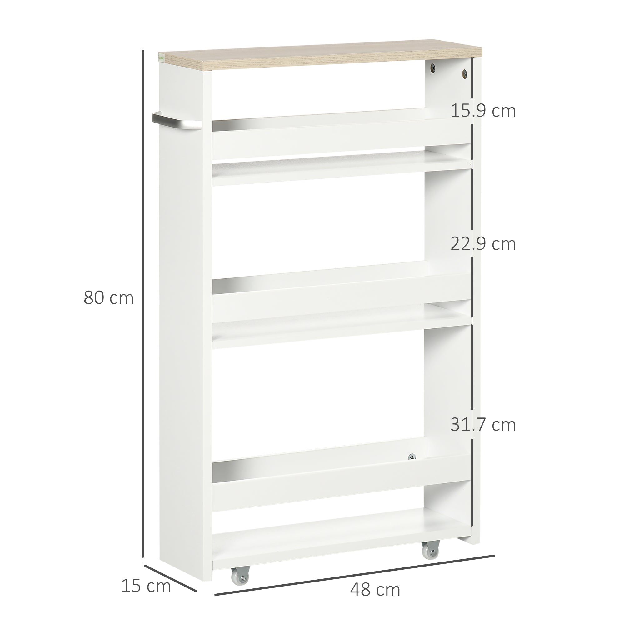 Carrello Bagno Salvaspazio a 3 Ripiani 48x15x80 cm con Rotelle e Maniglia in Legno Bianco