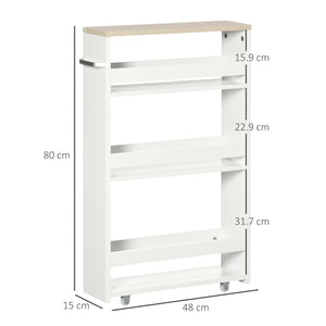 Carrello Bagno Salvaspazio a 3 Ripiani 48x15x80 cm con Rotelle e Maniglia in Legno Bianco