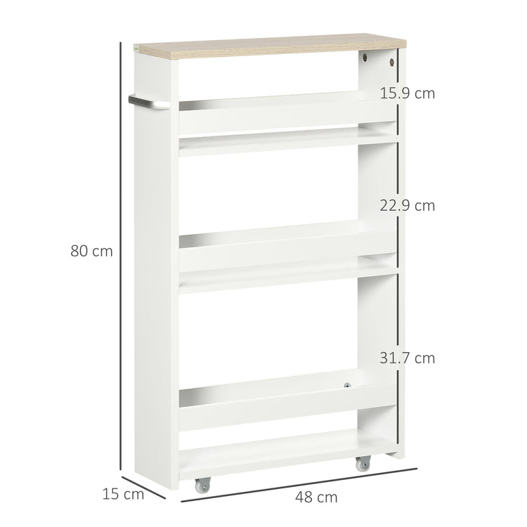 Carrello Bagno Salvaspazio a 3 Ripiani 48x15x80 cm con Rotelle e Maniglia in Legno Bianco