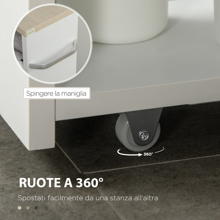 Carrello Bagno Salvaspazio a 3 Ripiani 48x15x80 cm con Rotelle e Maniglia in Legno Bianco