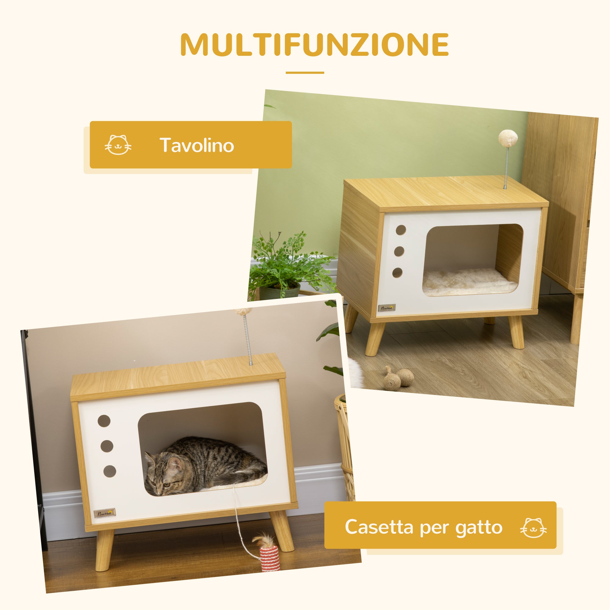 Casetta per Gatti a forma di Televisore 50x28x43 cm in Truciolato  con Cuscino e Pallina Giocattolo