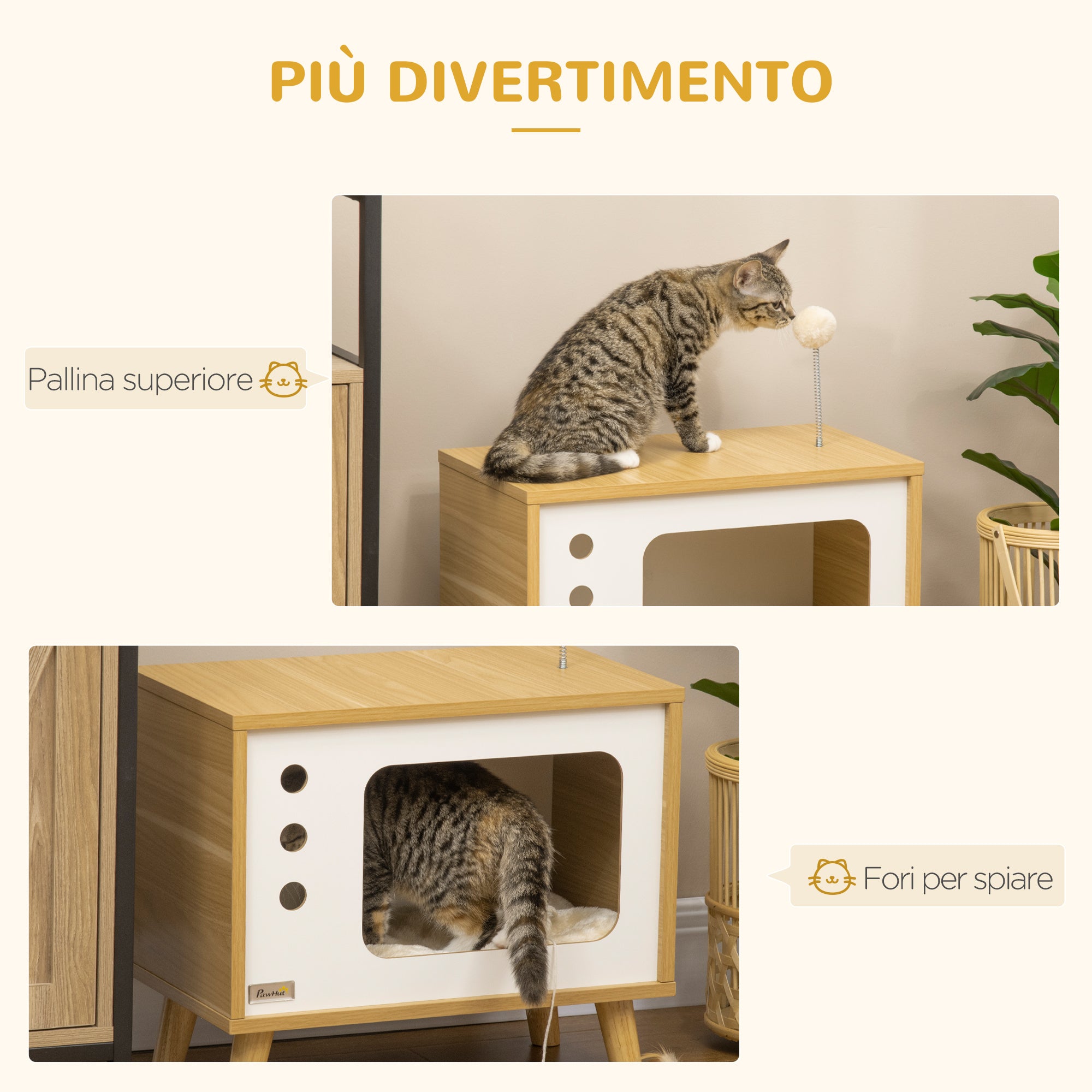 Casetta per Gatti a forma di Televisore 50x28x43 cm in Truciolato  con Cuscino e Pallina Giocattolo