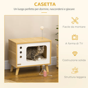 Casetta per Gatti a forma di Televisore 50x28x43 cm in Truciolato  con Cuscino e Pallina Giocattolo