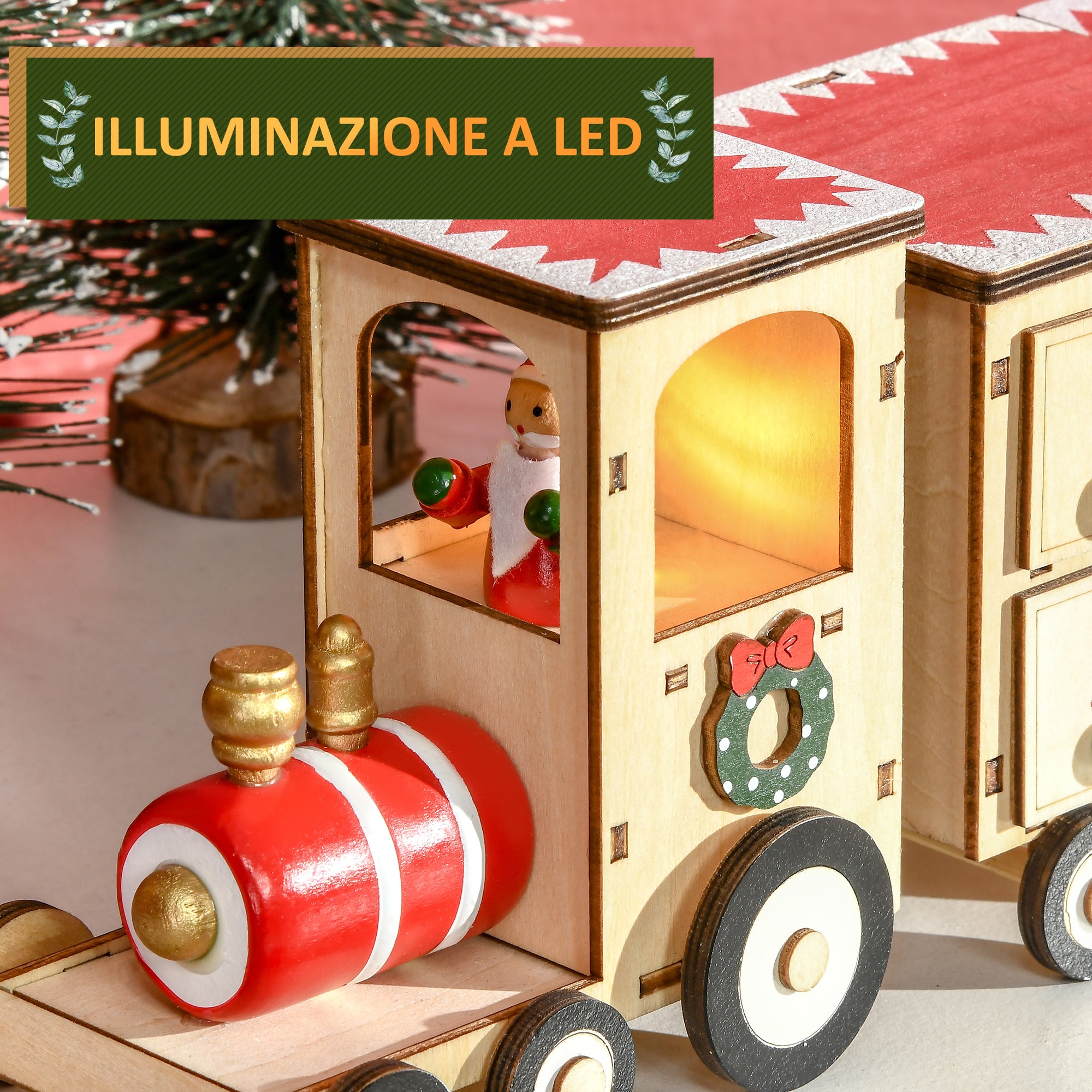 Calendario Avvento di Natale a forma di Treno 40x8x11 cm con Luce LED in Compensato