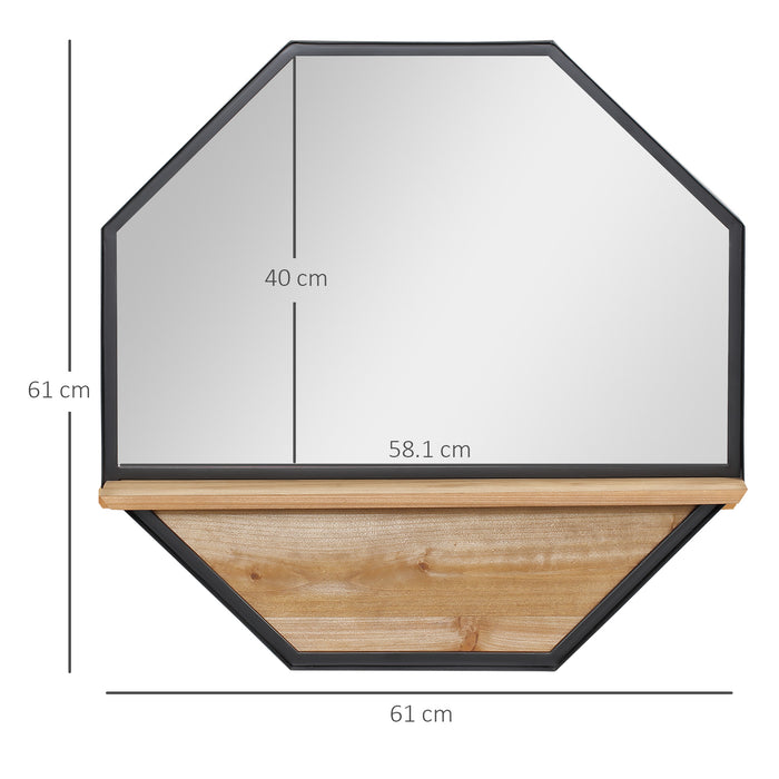 Specchio da Parete Ottagonale con Mensola in Legno 61x61 cm  in Metallo Nero