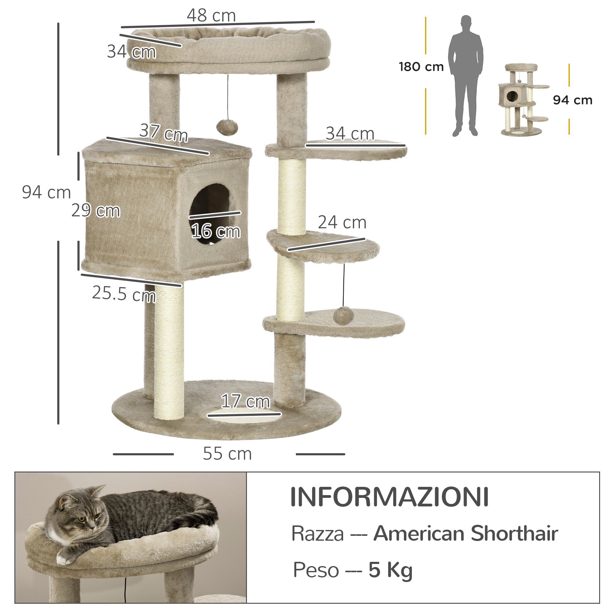 Albero Tiragraffi per Gatti 55x55x94 cm con Pali in Sisal Marrone