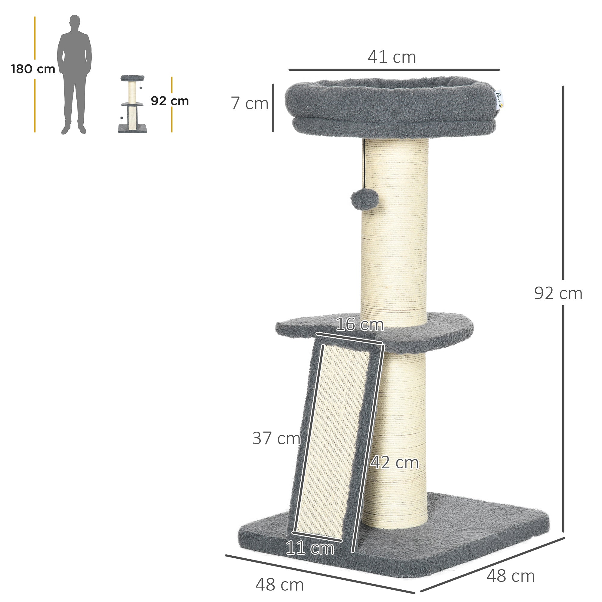 Torre per Gatti Tiragraffi 48x48x92 cm con Palline e Posatoi in Sisal e Finto Vello d'Agnello