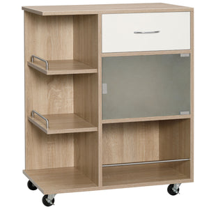 Carrello da Cucina Portavivande con Cassetto 65x39x80 cm Ripiani e Armadietto in Legno Acciaio e Vetro