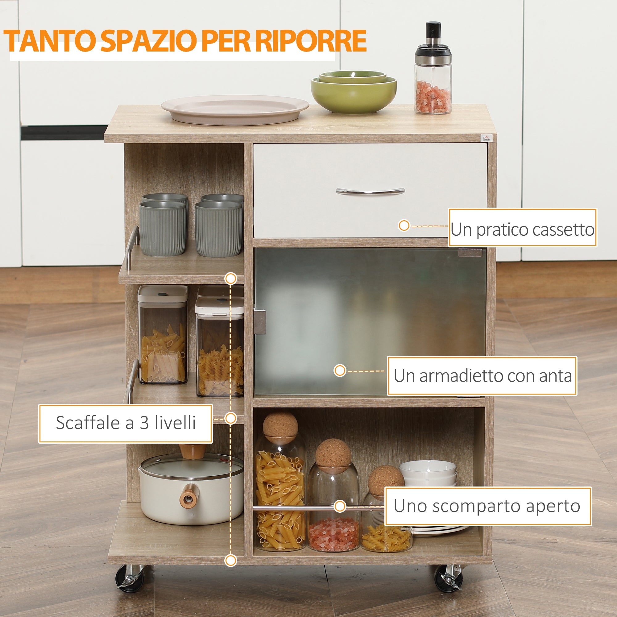 Carrello da Cucina Portavivande con Cassetto 65x39x80 cm Ripiani e Armadietto in Legno Acciaio e Vetro