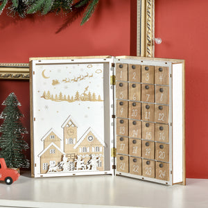 Calendario Avvento di Natale a forma di Libro 22x7x32 cm con Temi natalizi in Legno Bianco