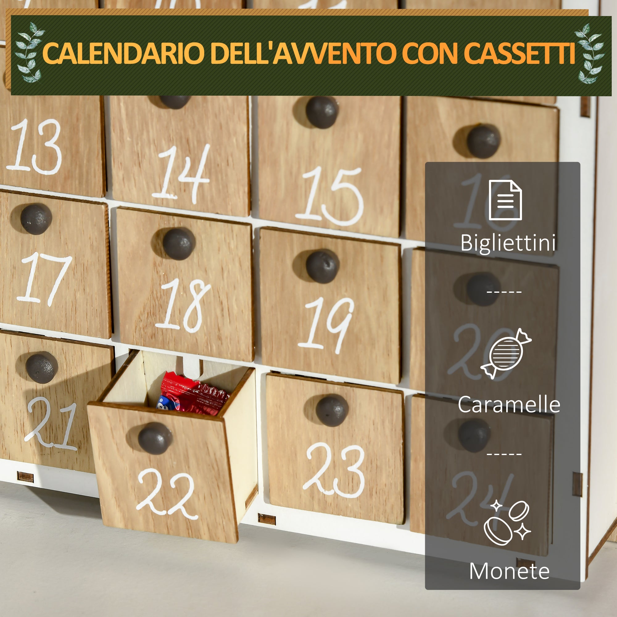 Calendario Avvento di Natale a forma di Libro 22x7x32 cm con Temi natalizi in Legno Bianco