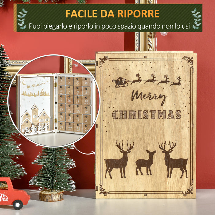 Calendario Avvento di Natale a forma di Libro 22x7x32 cm con Temi natalizi in Legno Bianco